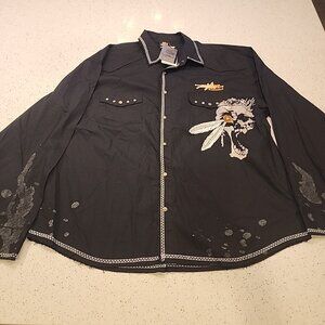 NWT Miskeen Mens 3x Indian Skull Snap Shirt Black Long Sleeve Embroidered Pocket